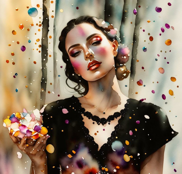 Vivid makeup woman holding colorful confetti in dreamy setting