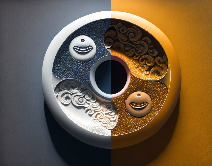 Stylized 3D yin-yang symbol with emoticon faces on dual-tone background