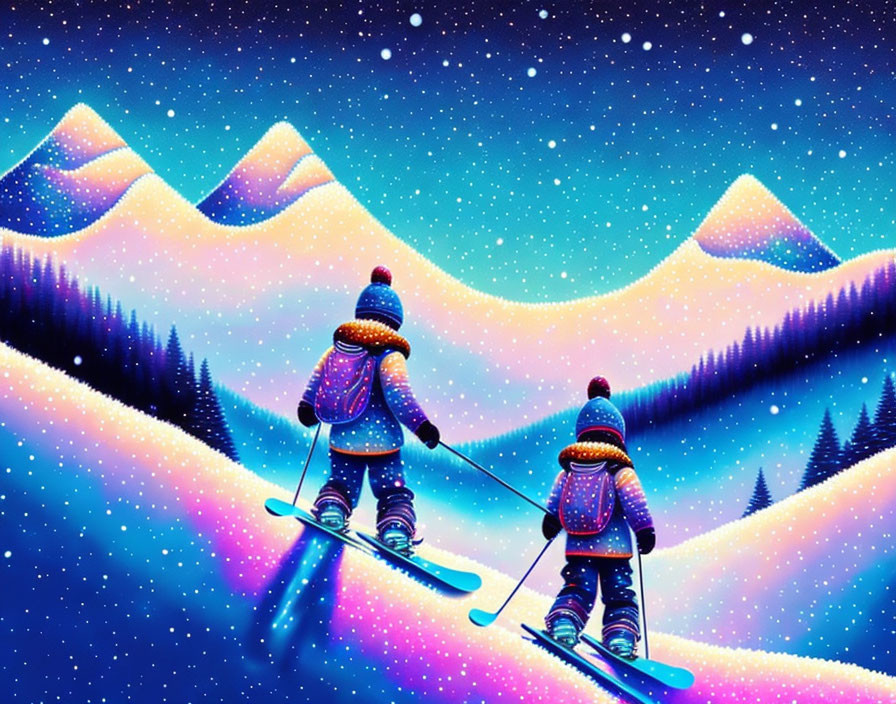 Night skiing on vibrant snow-covered mountain slope under starry sky.