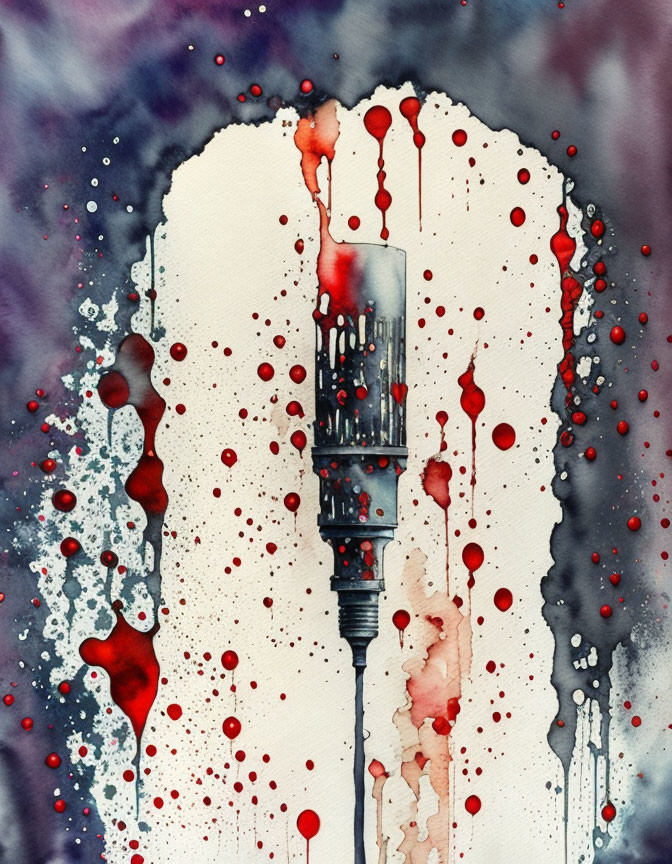 Watercolor painting of syringe with red and black splattered accents