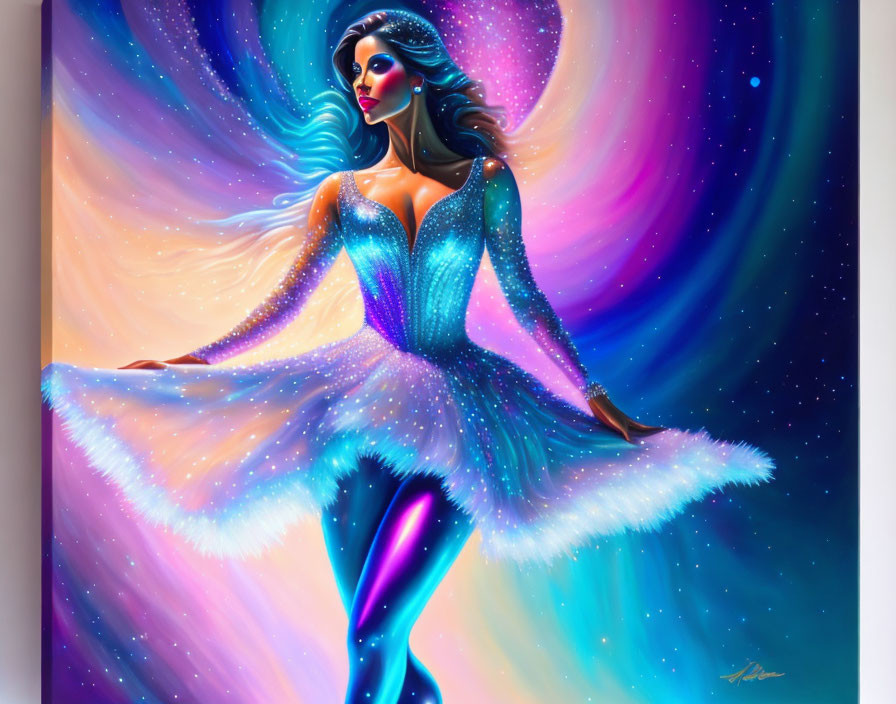 Colorful portrait of woman in blue dress with flowing hair against starry backdrop