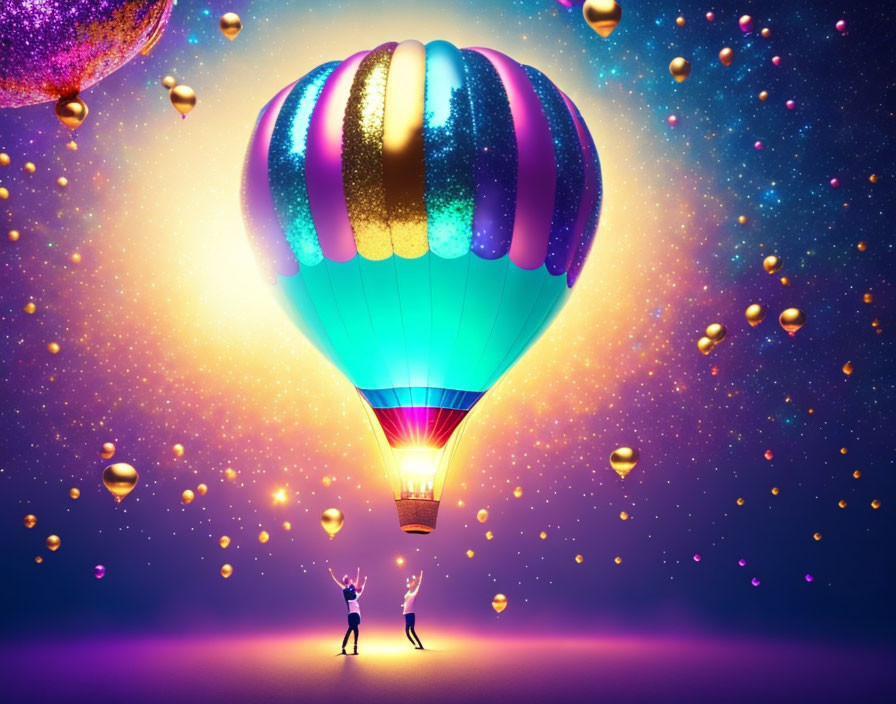 Colorful Glittery Striped Hot Air Balloon in Starry Night Sky