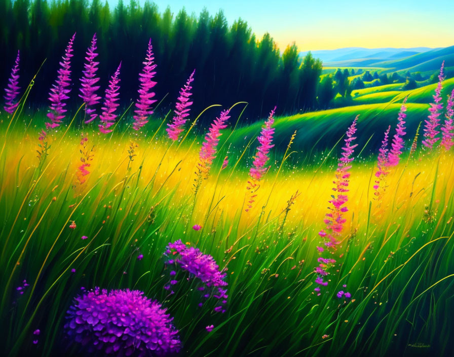 Vibrant sunset over lush green meadow with pink flowers