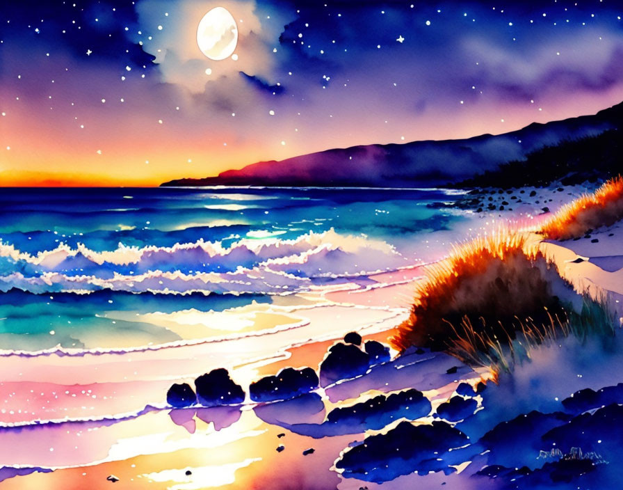 Moonlit beach watercolor painting with starry sky and gentle waves