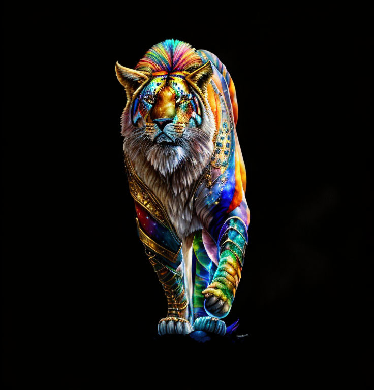 Colorful cosmic-themed tiger with starry fur on black background