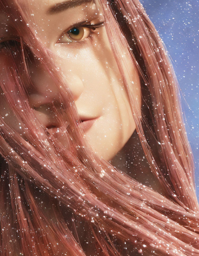 Portrait of person with pink hair and green eye in snowfall on blue backdrop