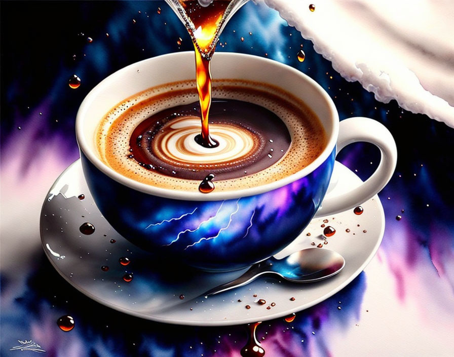 Colorful Coffee Pouring into White Cup with Cosmic Swirl and Splashes