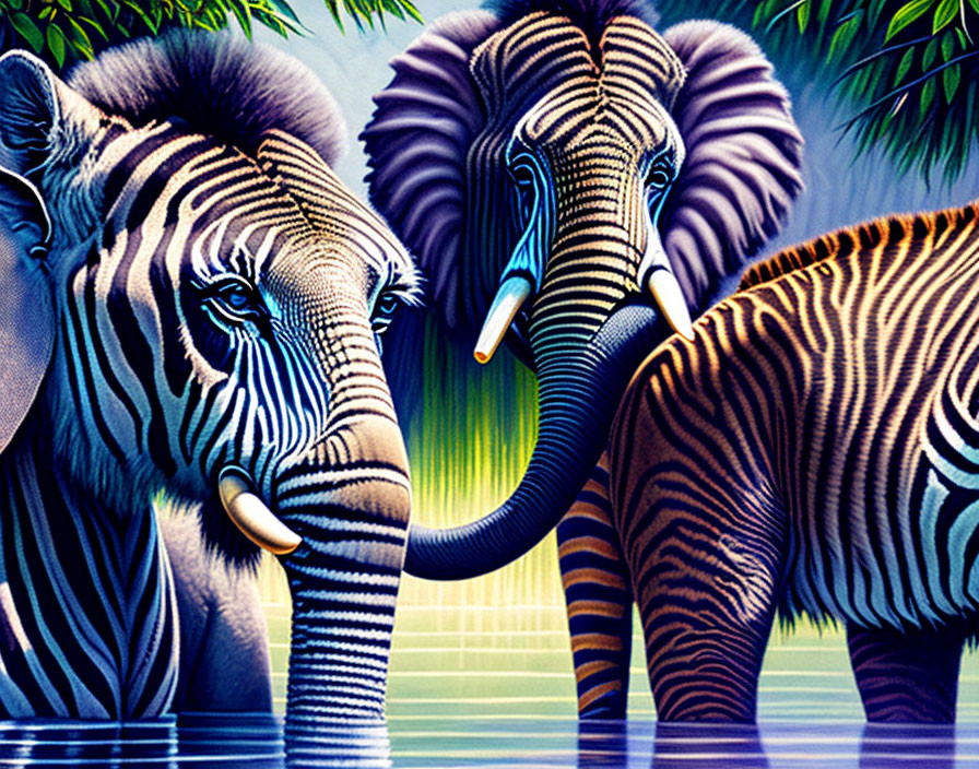 Vibrant illustration of merged zebras and elephants in colorful blend