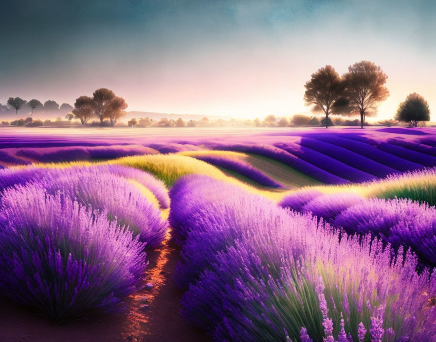 Lavender fields at dawn with silhouetted trees and misty glow.