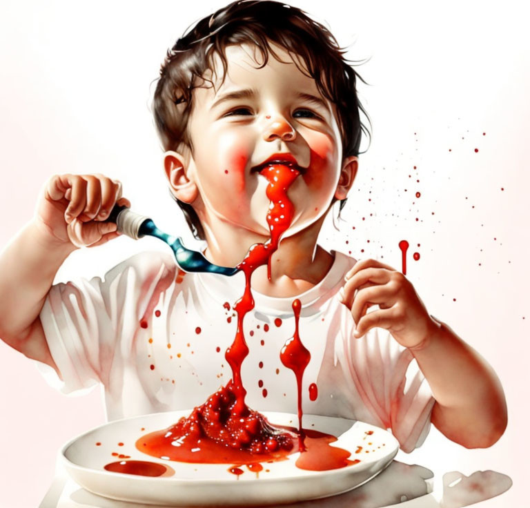 Messy-haired toddler eating happily with red sauce splatter on white bib.