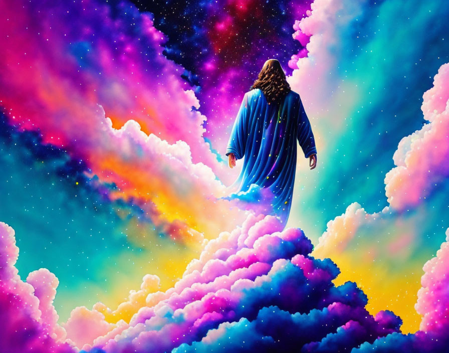 Person in Blue Robe Stands on Colorful Clouds in Vibrant Cosmic Sky