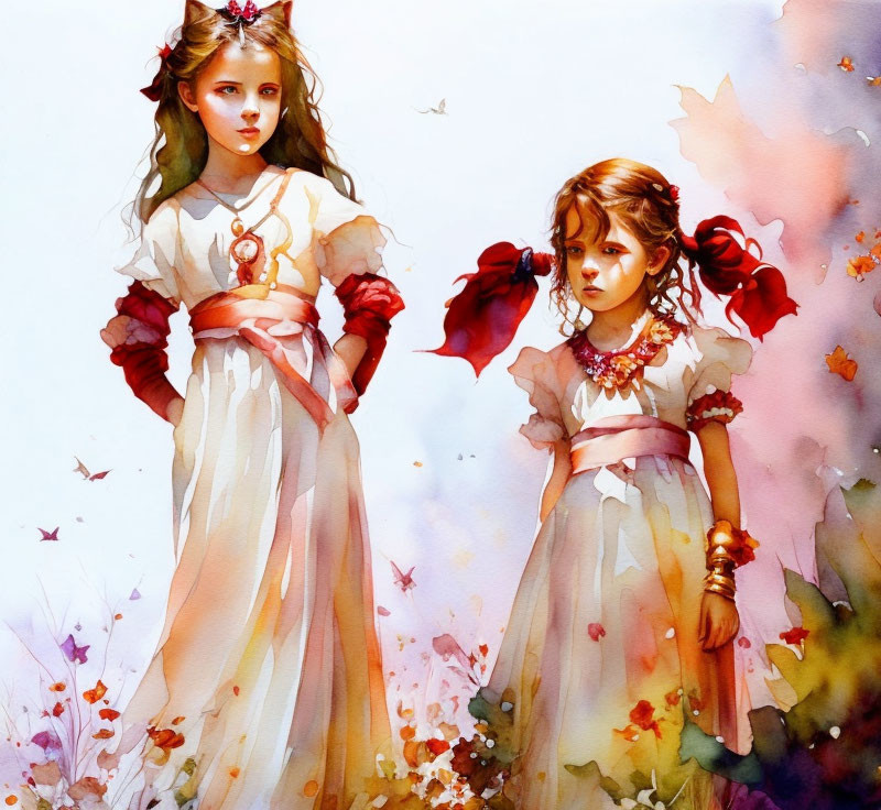 Two young girls in white dresses with red sashes in watercolor setting