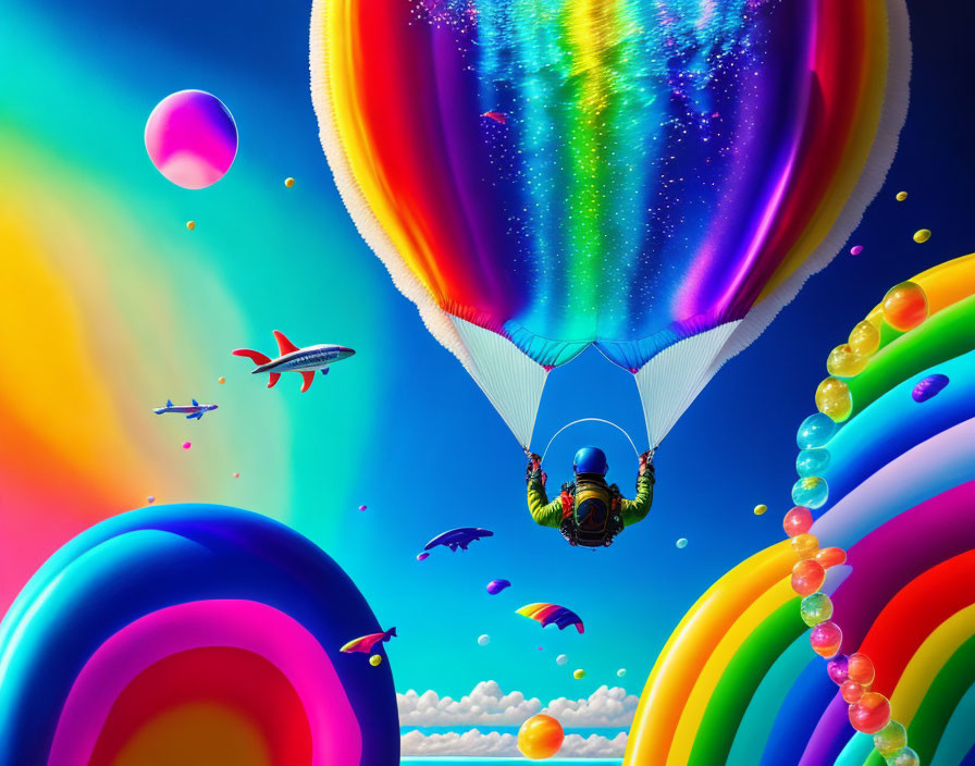 Colorful digital artwork: hot air balloon, skydivers, planes, rainbows, bubbles