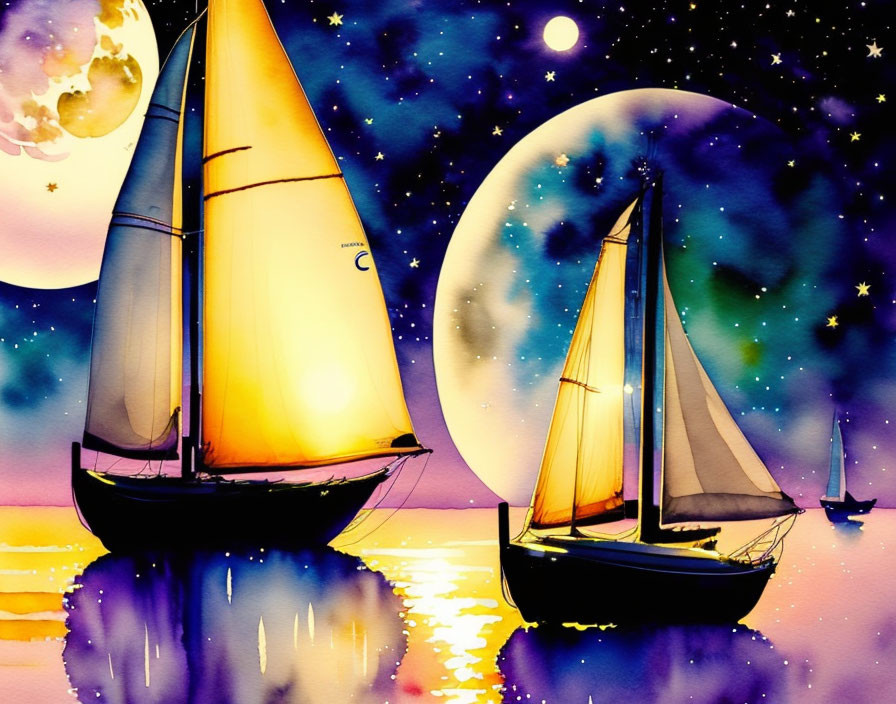 Sailboats under moonlight with colorful reflections on calm water