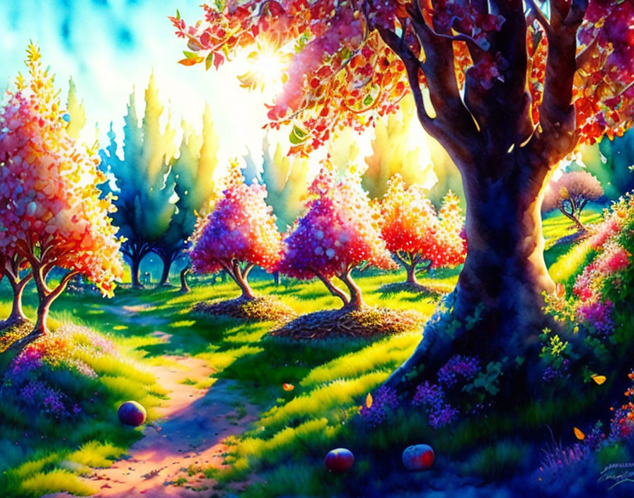 Fantasy garden illustration with whimsical trees and glowing orbs