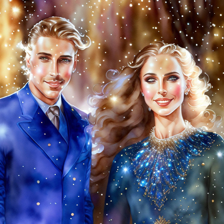 Glamorous couple in elegant attire with twinkling lights and sparkles