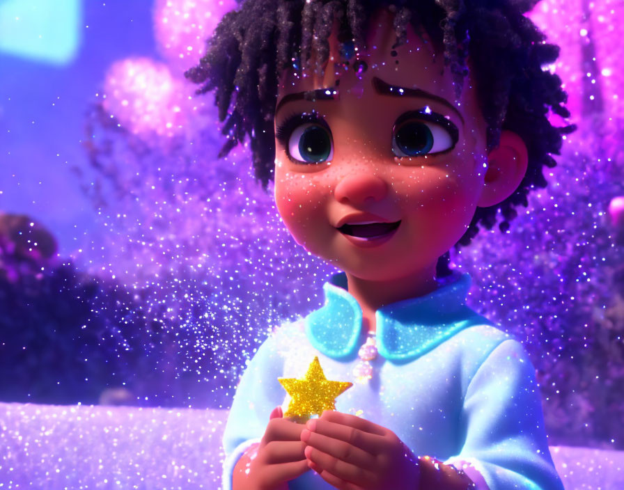 Curly-haired girl holds glowing star in magical purple setting