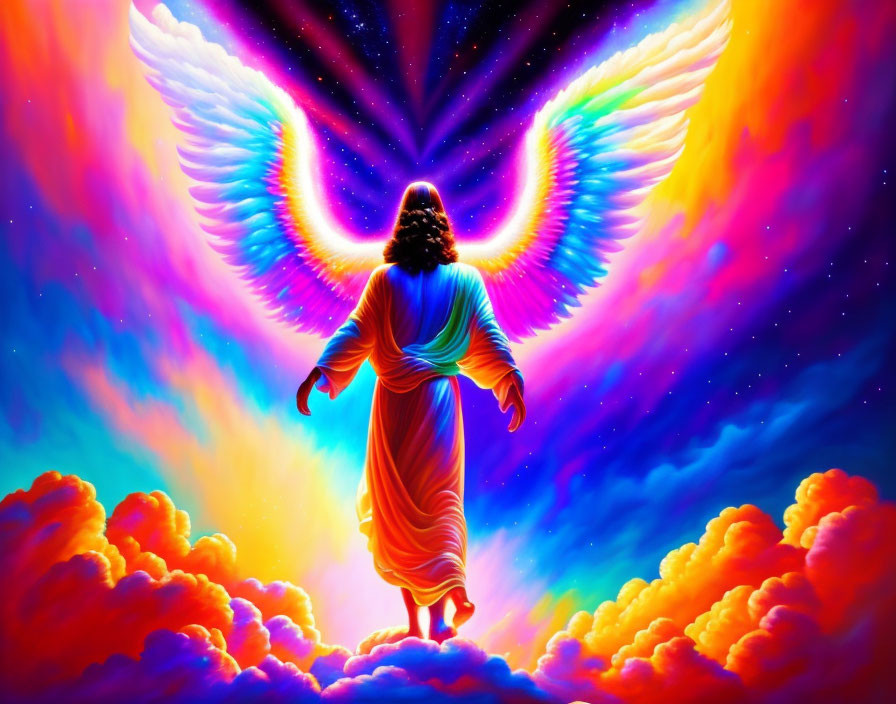 Colorful celestial figure with wings walking above clouds.