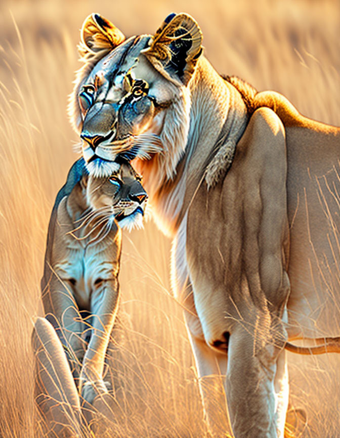 Lioness in golden grass under sunlight