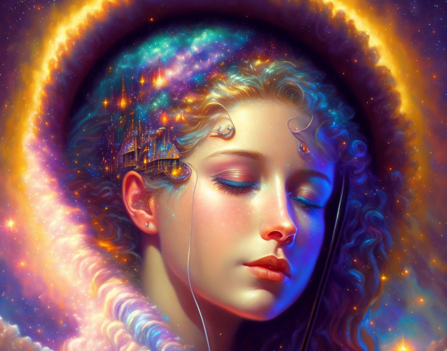 Ethereal digital artwork of a woman with cosmic elements