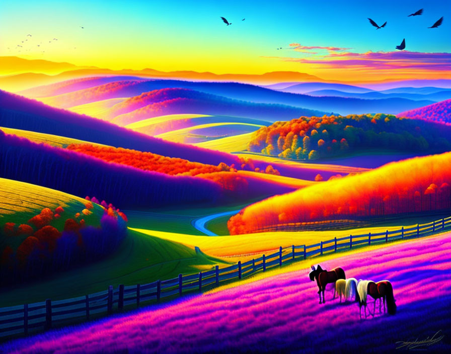 Colorful landscape: rolling hills, winding road, wooden fence, horses grazing on purple grass under sunset