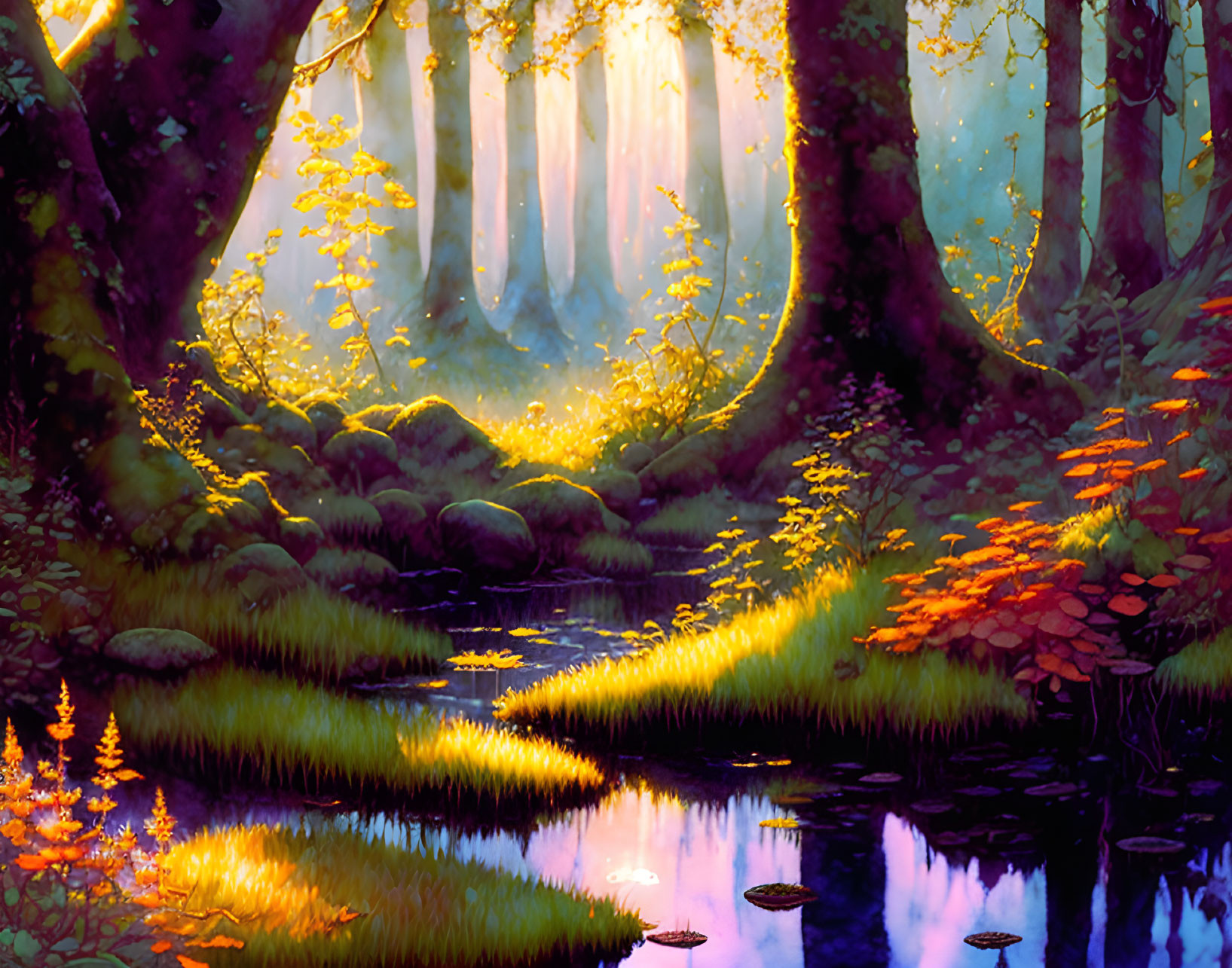 Tranquil forest scene with vibrant flora, meandering stream, and sunlight filtering through trees.