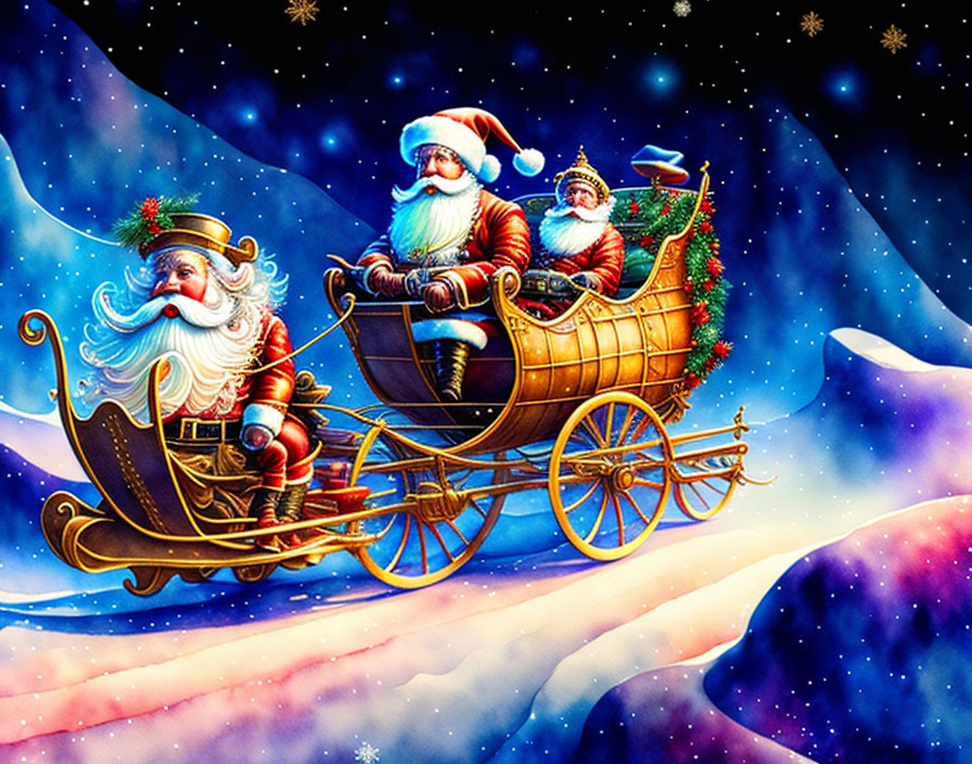 Dual Santas in sleigh with presents under starry night sky.