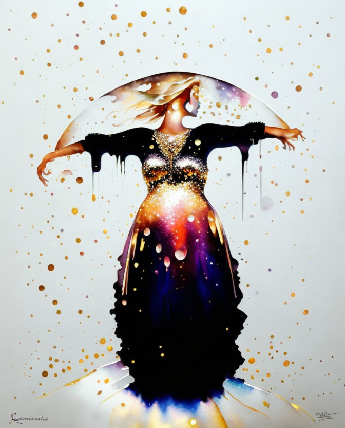 Abstract painting: Woman in flowing dress with galaxy patterns, melting colors, splattered paint.