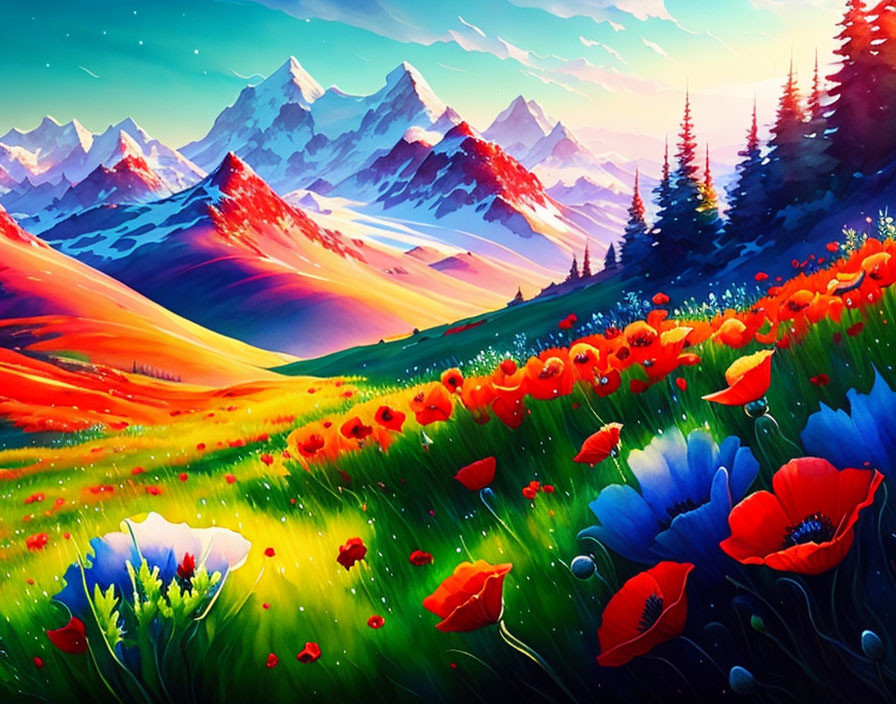 Colorful landscape with red poppies, green field, snowy mountains, and bright sky