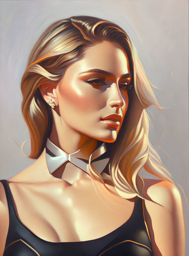 Blonde woman with striking makeup and choker portrait.