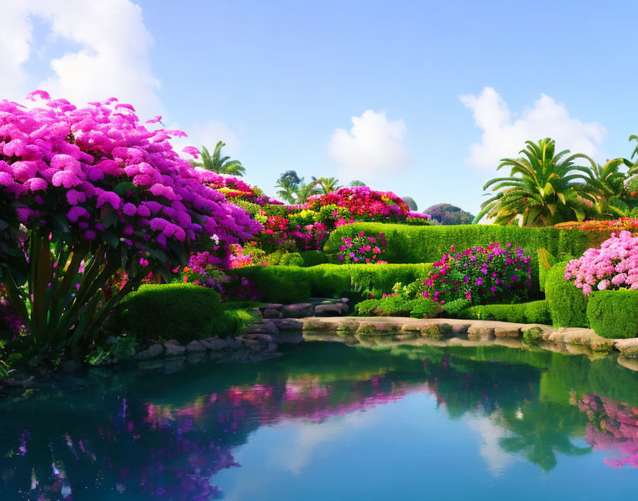 Lush Greenery, Pink Flowers, Blue Pond in Vibrant Garden