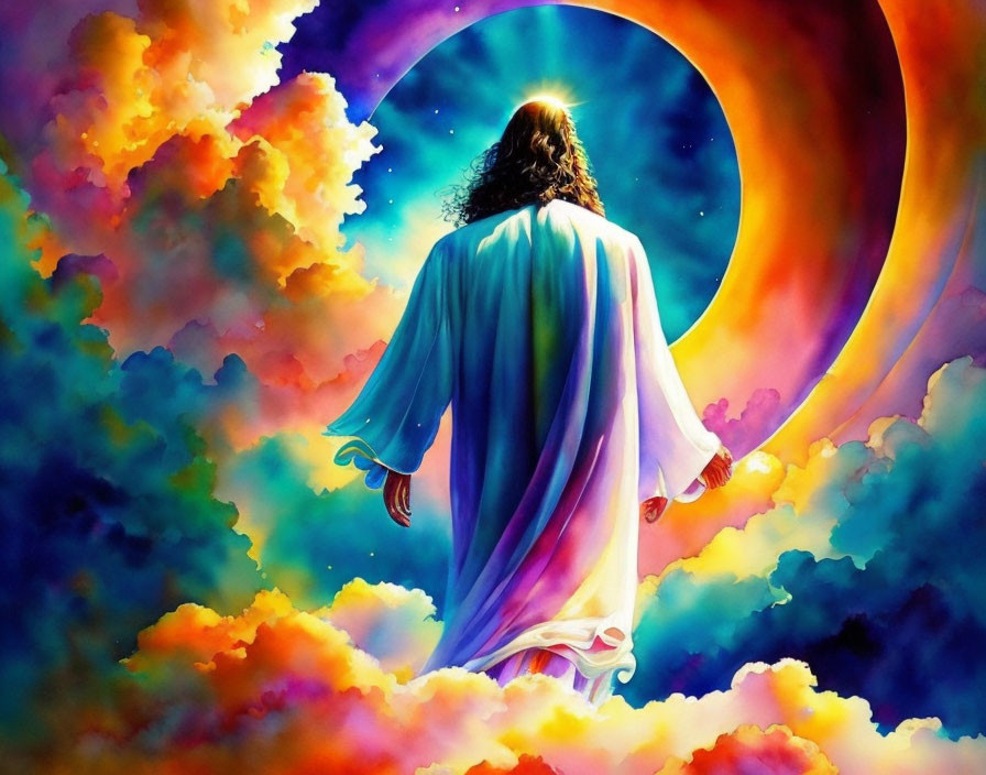 Person in Blue and White Robe in Vibrant Celestial Scene