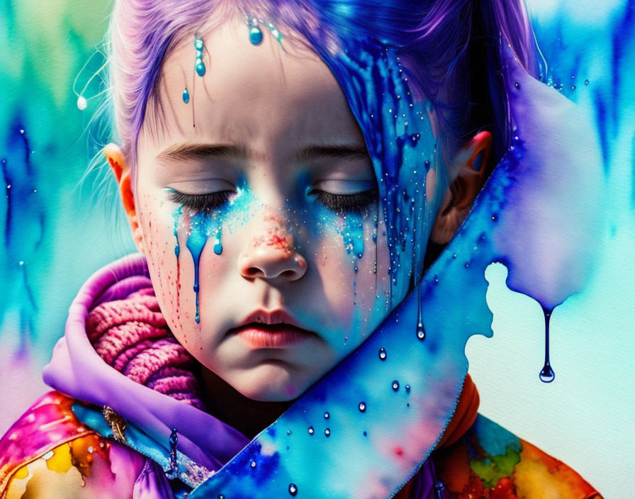 Vibrant digital artwork of a young girl with closed eyes