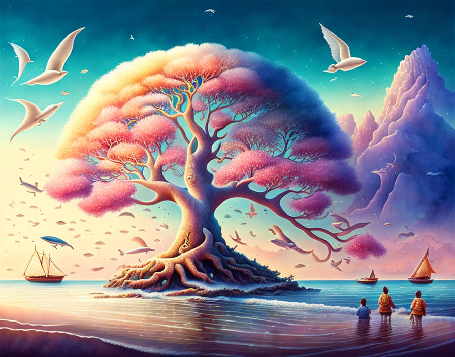 Colorful illustration of three people admiring pink tree on beach at sunset