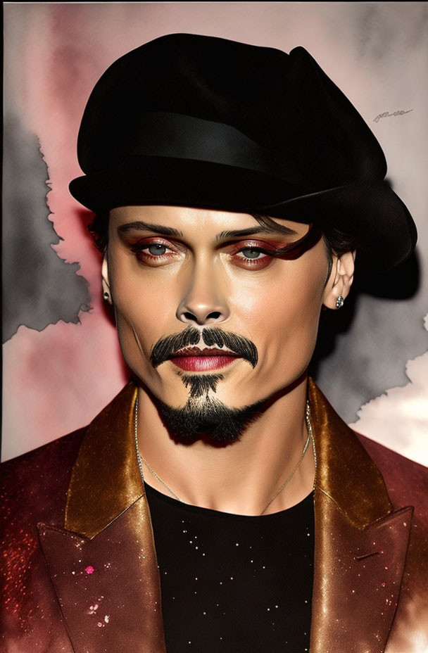 Stylized person with black fedora and intense gaze in brown velvet jacket