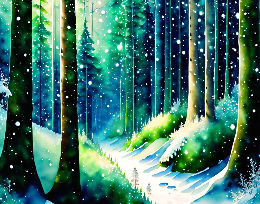 Serene Snowy Forest Watercolor Painting