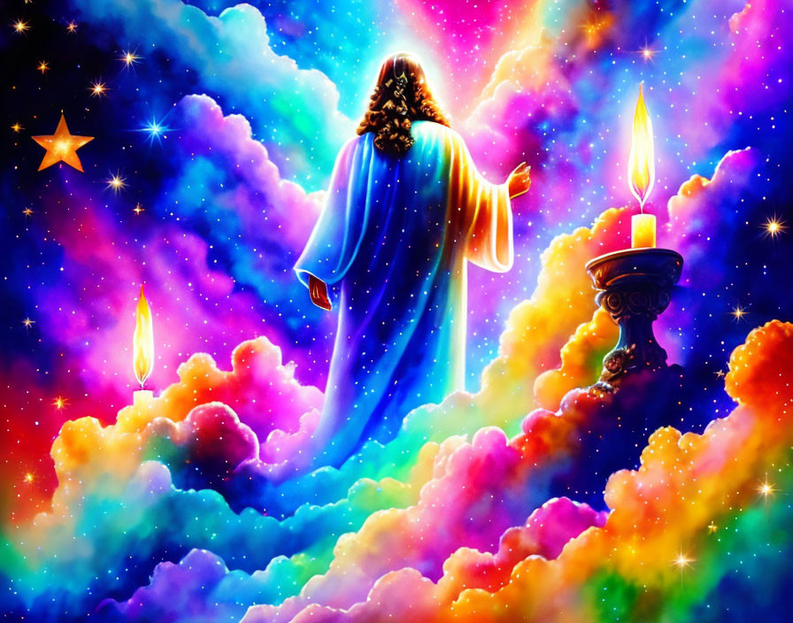 Colorful Cosmic Illustration of Robed Figure with Stars and Candles