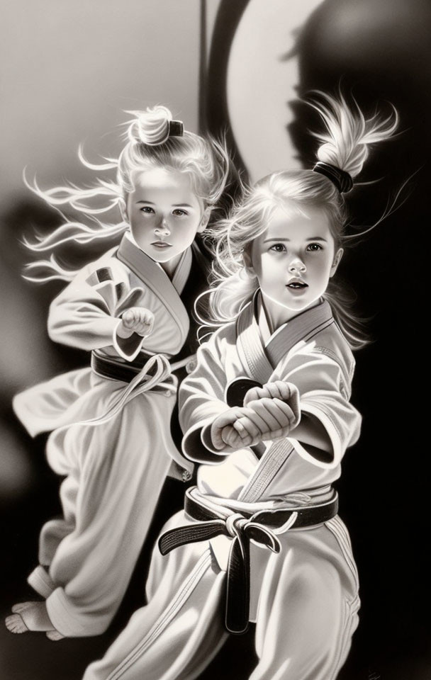 Monochromatic image of young children in karate uniforms and black belts striking dynamic poses