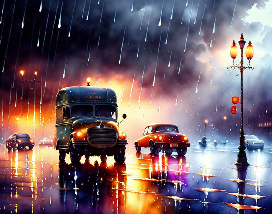 Classic cars on wet city street at night with glowing lights and reflections