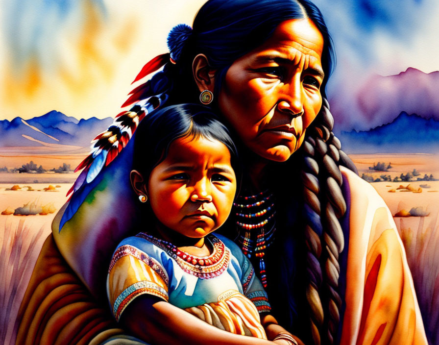 Native American woman and child in traditional attire with plains backdrop.