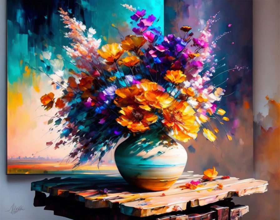 Colorful Impressionistic Painting of Flowers in Vase