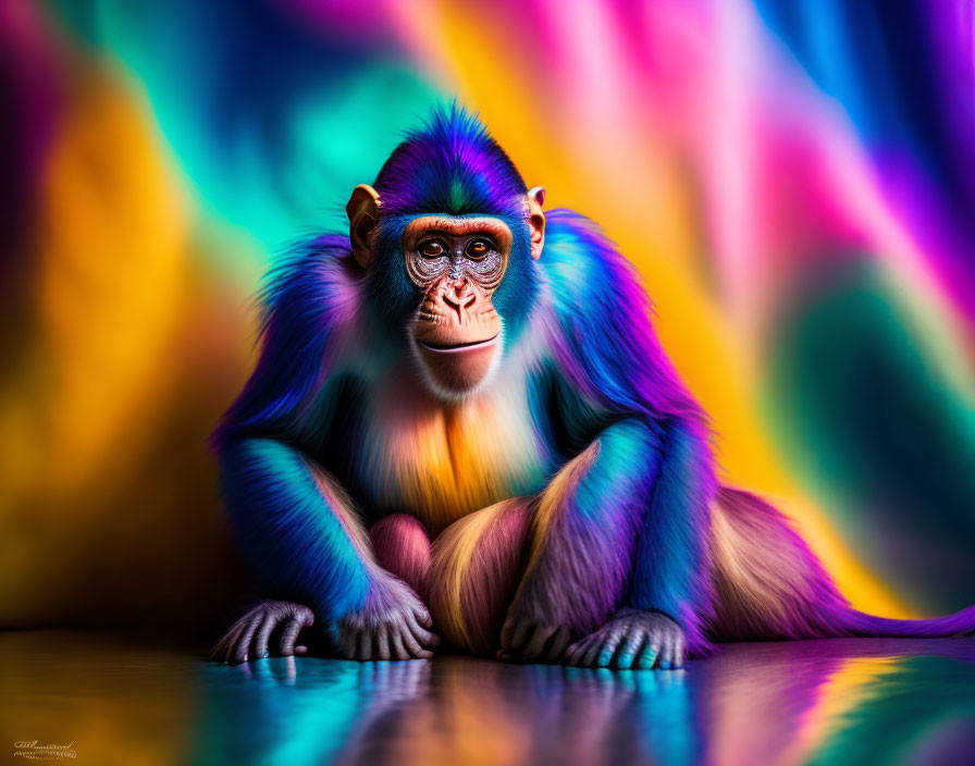 Vibrant Monkey Art with Blue and Purple Fur on Abstract Background