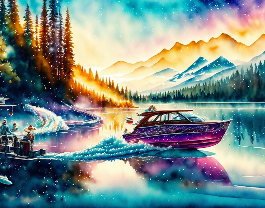 Colorful mountain lake scene at dusk with boat, dock, and aurora sky