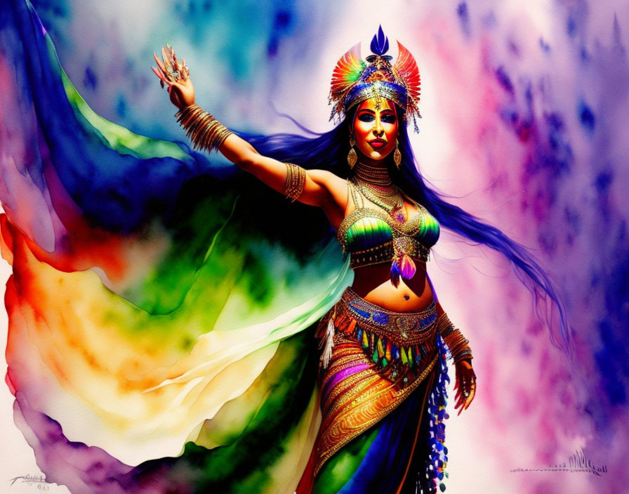 Colorful Female Figure with Elaborate Headdress and Costume in Vibrant Illustration