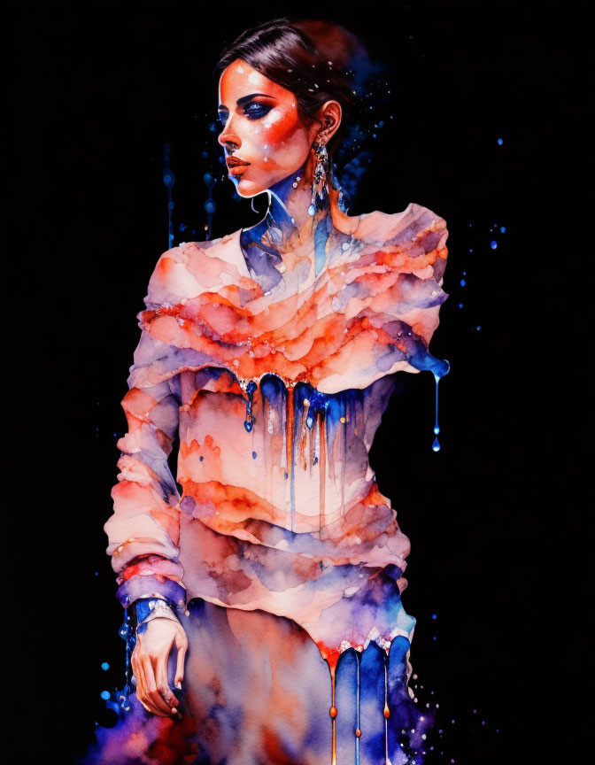 Vibrant Watercolor Painting of Woman in Ruffled Attire