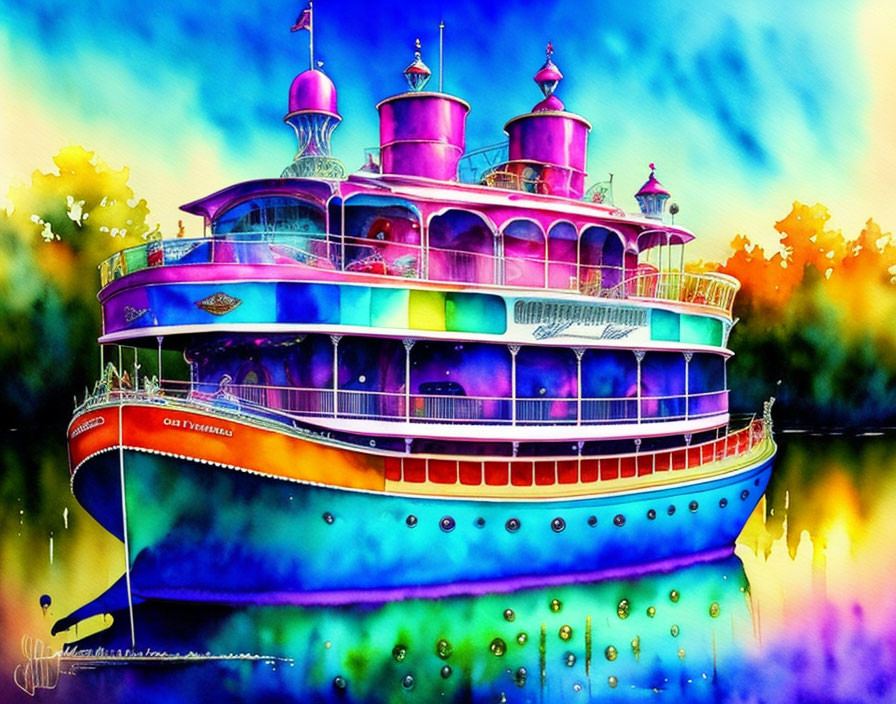 Colorful illustration of a classic riverboat on multiple decks, with ornate decorations and whimsical background