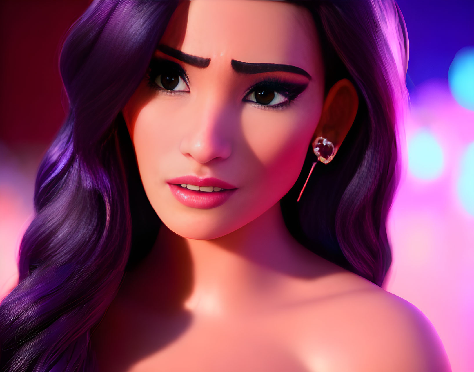 3D-rendered female character with purple hair and dramatic makeup