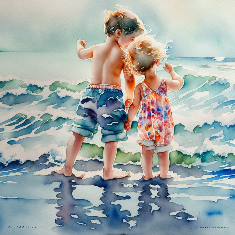 Children holding hands at water's edge in vibrant watercolor.