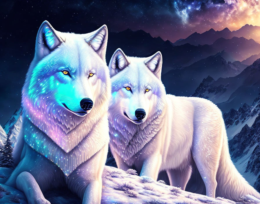 Mystical white wolves in cosmic snowy mountains