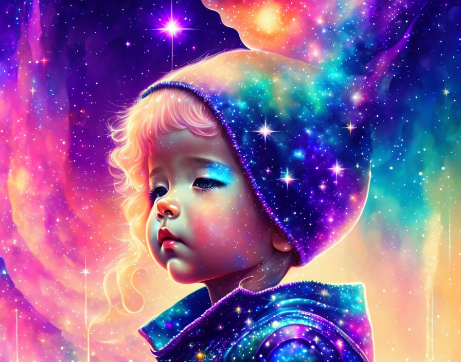 Digital artwork: Young child with cosmic elements in hair and clothing on nebula backdrop